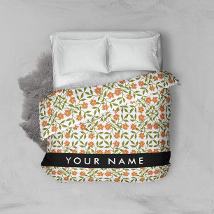Orange Flowers, Floral Pattern, Boho, Your Name Duvet Cover