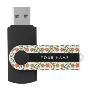 Orange Flowers, Floral Pattern, Boho, Your Name Flash Drive
