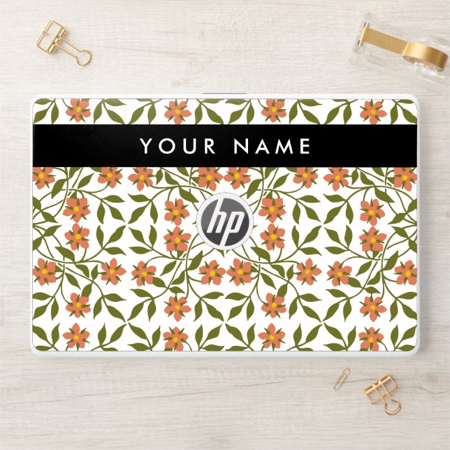 Orange Flowers, Floral Pattern, Boho, Your Name HP Laptop Skin (Desk)