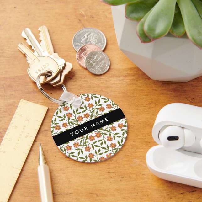 Orange Flowers, Floral Pattern, Boho, Your Name Keychain (Desk)