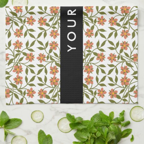 Orange Flowers Floral Pattern Boho Your Name Kitchen Towel