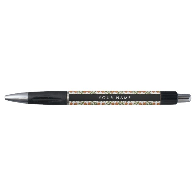 Orange Flowers, Floral Pattern, Boho, Your Name Pen (Front)