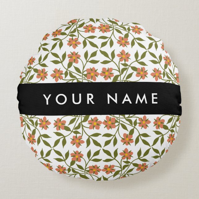 Orange Flowers, Floral Pattern, Boho, Your Name Round Pillow (Front)