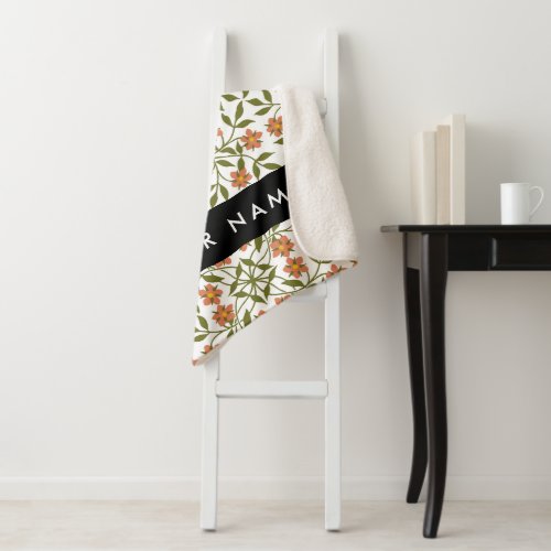 Orange Flowers Floral Pattern Boho Your Name Sherpa Blanket