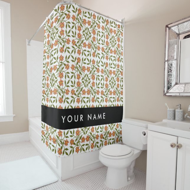 Orange Flowers, Floral Pattern, Boho, Your Name Shower Curtain (In Situ)