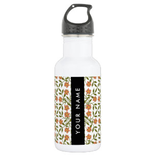 Orange Flowers, Floral Pattern, Boho, Your Name Stainless Steel Water Bottle