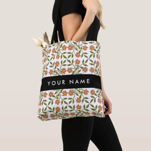 Orange Flowers Floral Pattern Boho Your Name Tote Bag