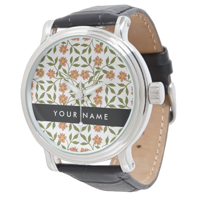 Orange Flowers, Floral Pattern, Boho, Your Name Watch (Angled)