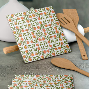 Orange Flowers, Floral Pattern, Greenery, Boho Ceramic Tile