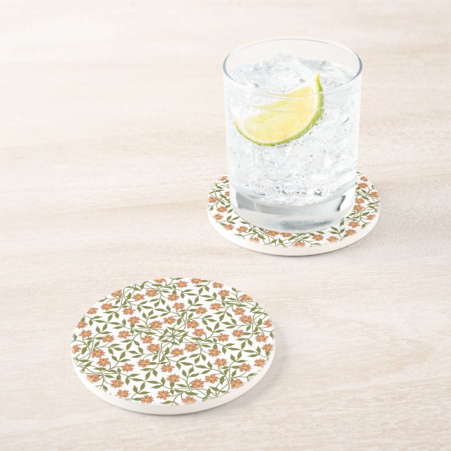 Orange Flowers, Floral Pattern, Greenery, Boho Coaster (Side)