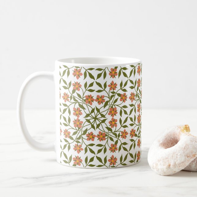 Orange Flowers, Floral Pattern, Greenery, Boho Coffee Mug (With Donut)