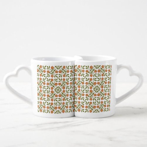 Orange Flowers Floral Pattern Greenery Boho Coffee Mug Set