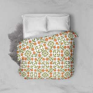 Orange Flowers, Floral Pattern, Greenery, Boho Duvet Cover