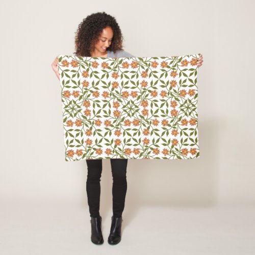 Orange Flowers Floral Pattern Greenery Boho Fleece Blanket