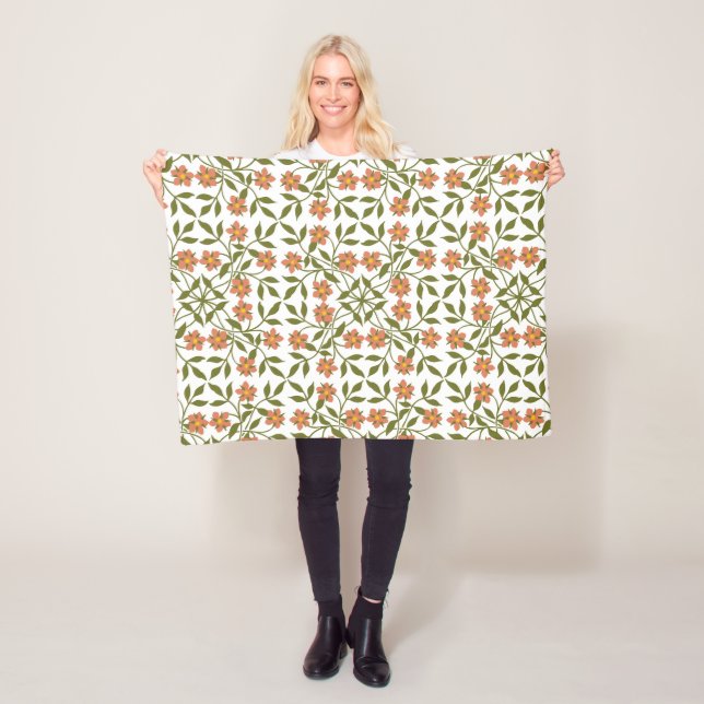 Orange Flowers, Floral Pattern, Greenery, Boho Fleece Blanket (In Situ)