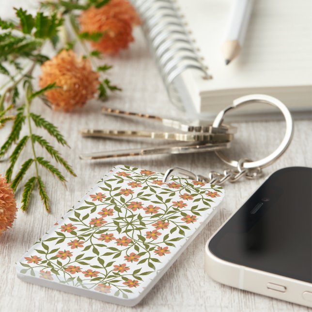 Orange Flowers, Floral Pattern, Greenery, Boho Keychain (Front Right)