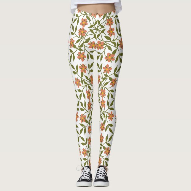 Orange Flowers, Floral Pattern, Greenery, Boho Leggings (Front)