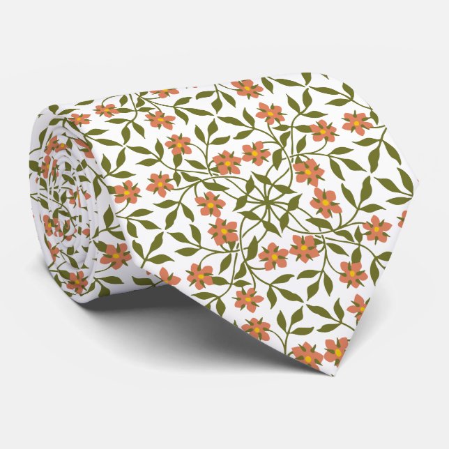 Orange Flowers, Floral Pattern, Greenery, Boho Neck Tie (Rolled)