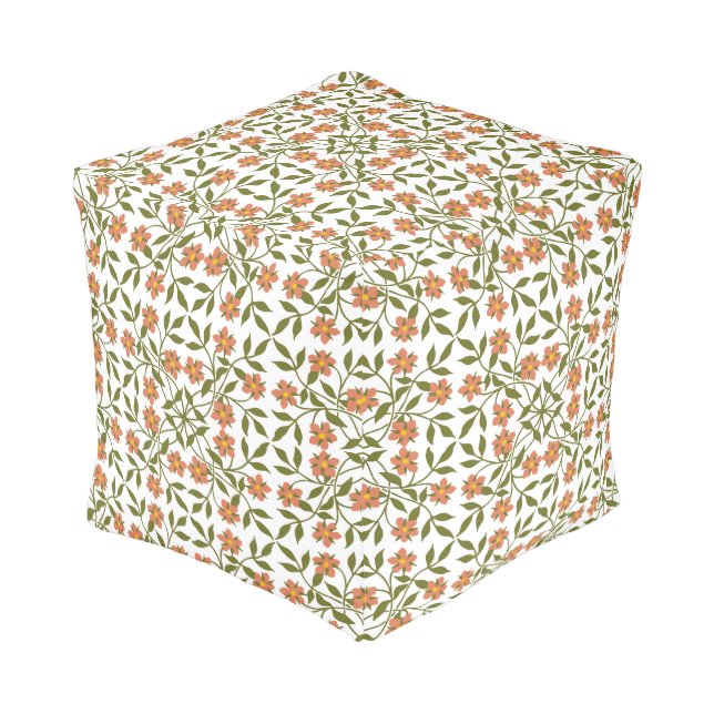 Orange Flowers, Floral Pattern, Greenery, Boho Pouf (Angled Back)