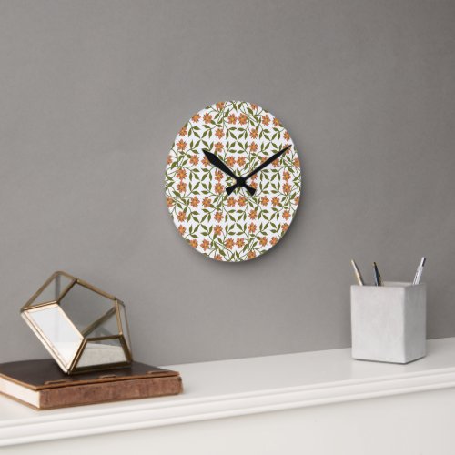 Orange Flowers Floral Pattern Greenery Boho Round Clock