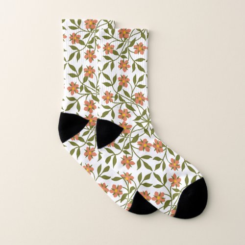 Orange Flowers Floral Pattern Greenery Boho Socks