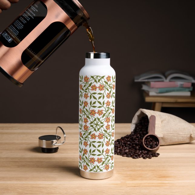 Orange Flowers, Floral Pattern, Greenery, Boho Water Bottle (Coffee)