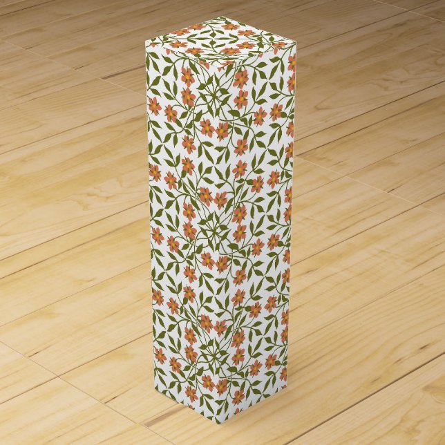 Orange Flowers, Floral Pattern, Greenery, Boho Wine Box (Front)