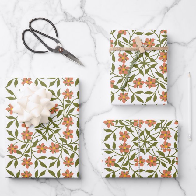 Orange Flowers, Floral Pattern, Greenery, Boho Wrapping Paper Sheets (Front)