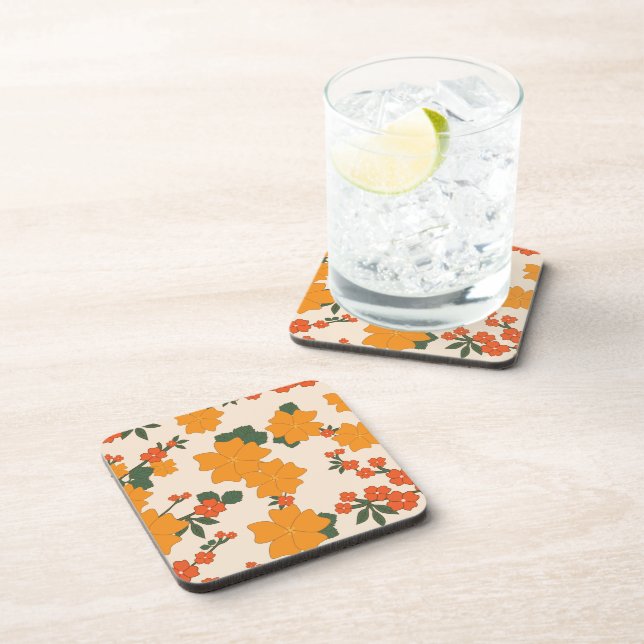 Orange Flowers, Floral Pattern, Pattern Of Flowers Beverage Coaster (Right Side)