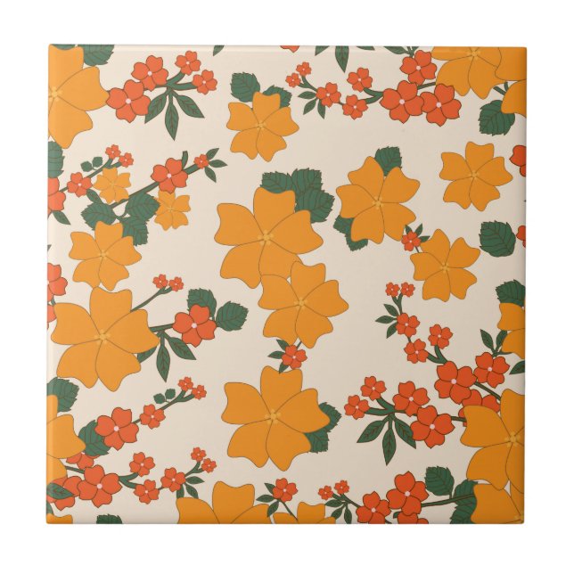 Orange Flowers, Floral Pattern, Pattern Of Flowers Ceramic Tile (Front)