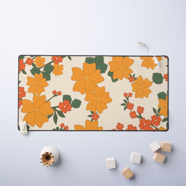 Orange Flowers, Floral Pattern, Pattern Of Flowers Desk Mat (Kids Table)