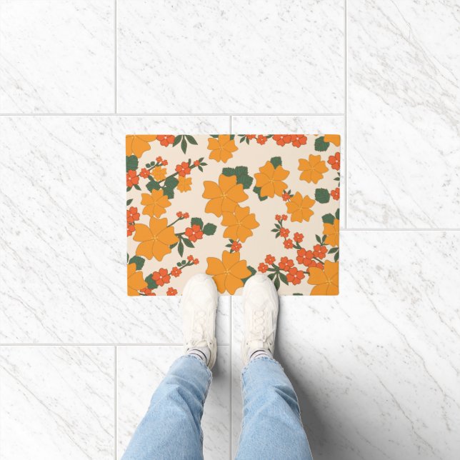 Orange Flowers, Floral Pattern, Pattern Of Flowers Doormat (Indoor)