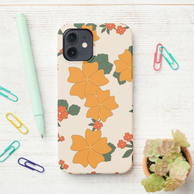 Orange Flowers, Floral Pattern, Pattern Of Flowers iPhone Case (On Desk)