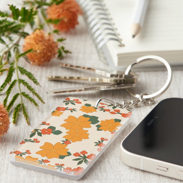 Orange Flowers, Floral Pattern, Pattern Of Flowers Keychain (Front Right)