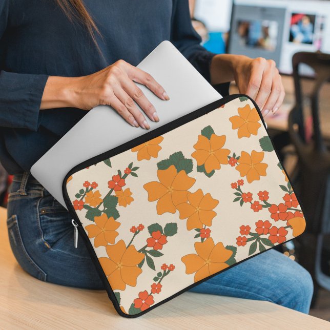 Orange Flowers, Floral Pattern, Pattern Of Flowers Laptop Sleeve (Creator Uploaded)