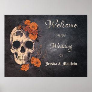 Orange Flowers Floral Skull Elegant Wedding Poster