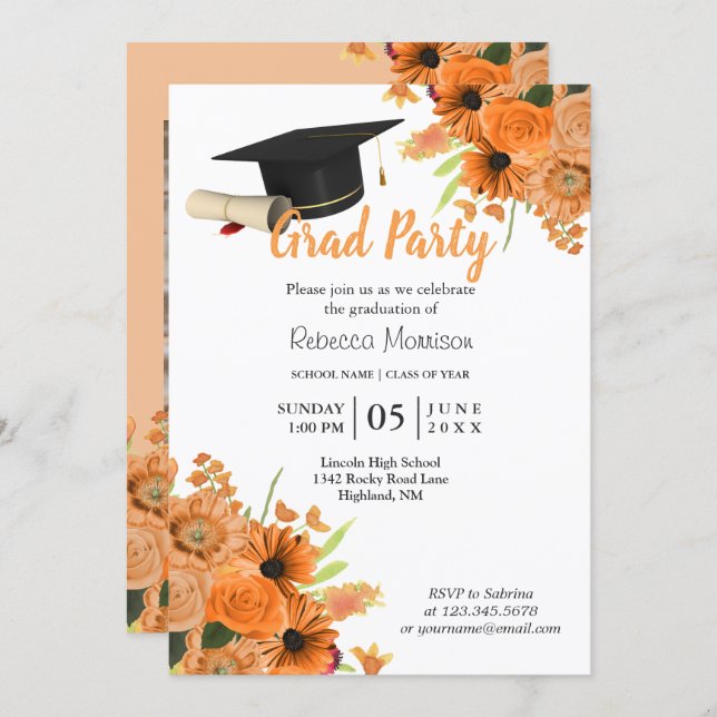 Orange Flowers 🎓 Graduation Invitation (Front/Back)