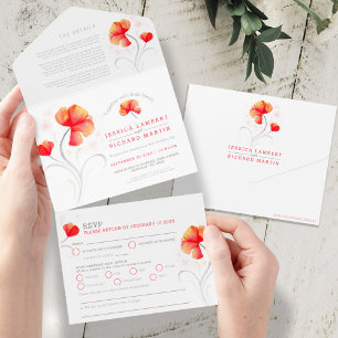 Orange flowers gray swirl watercolor all in one in all in one invitation