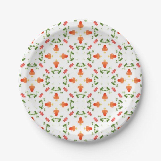 Orange flowers green leaves pattern paper plates (Front)