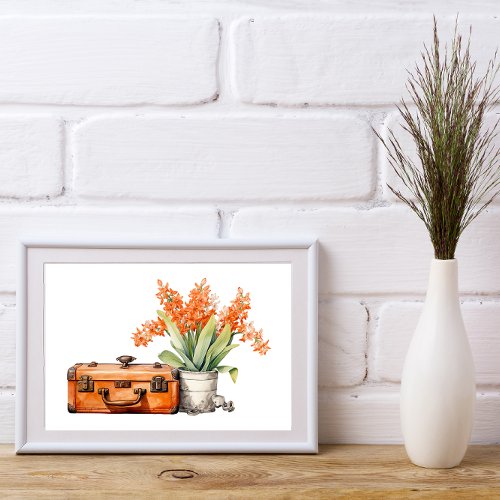 Orange Flowers in Pail with Vintage Suitcase  Poster