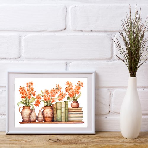 Orange Flowers in Vases with Books on Bookshelf  Poster