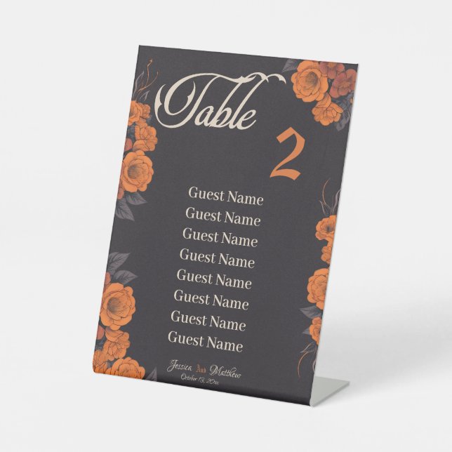 Orange Flowers individual table seating chart Pedestal Sign (Front)