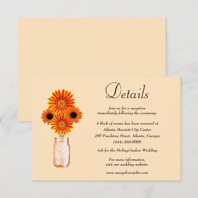 Orange Flowers Mason Jar Wedding Details Enclosure Card (Front/Back)