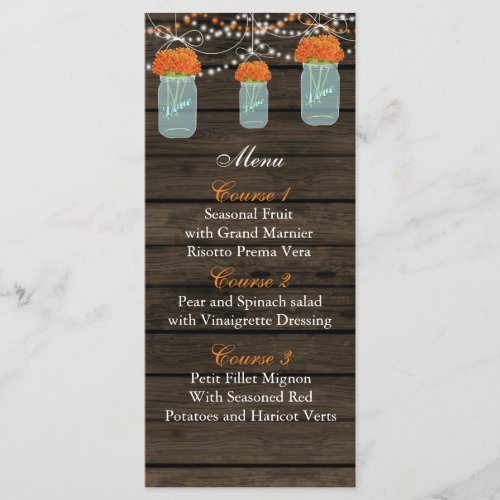 orange flowers mason jar wedding menu cards