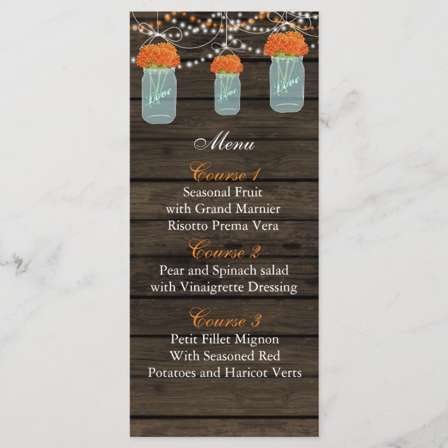 orange flowers mason jar wedding menu cards (Front)