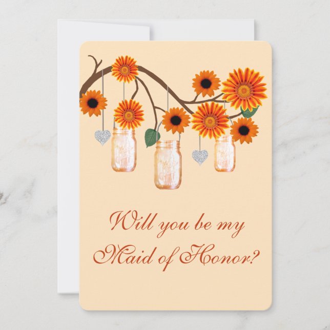 Orange Flowers Mason Jars Maid Of Honor Card (Front)