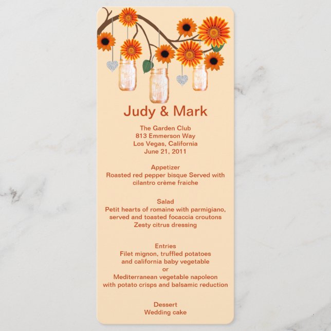 Orange Flowers Mason Jars Menu Card (Front)