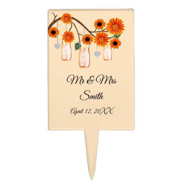 Orange Flowers Mason Jars Wedding Cake Topper (Front)