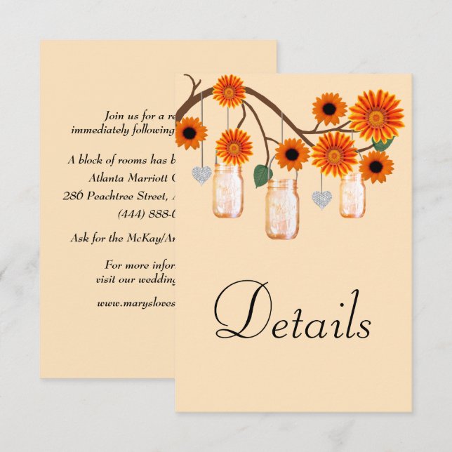 Orange Flowers Mason Jars Wedding Details Enclosure Card (Front/Back)