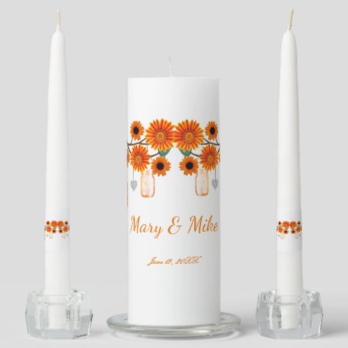 Orange Flowers Mason Jars Wedding Unity Candle Set